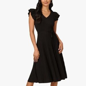 NEW Adrianna Papell Ribbed Knit Flutter Sleeve Black Midi Dress Belted